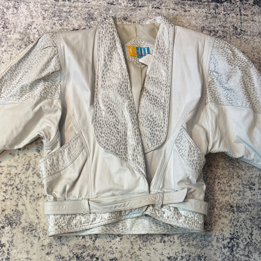 Leather Elegant Cream Jacket with Animal Print Accents